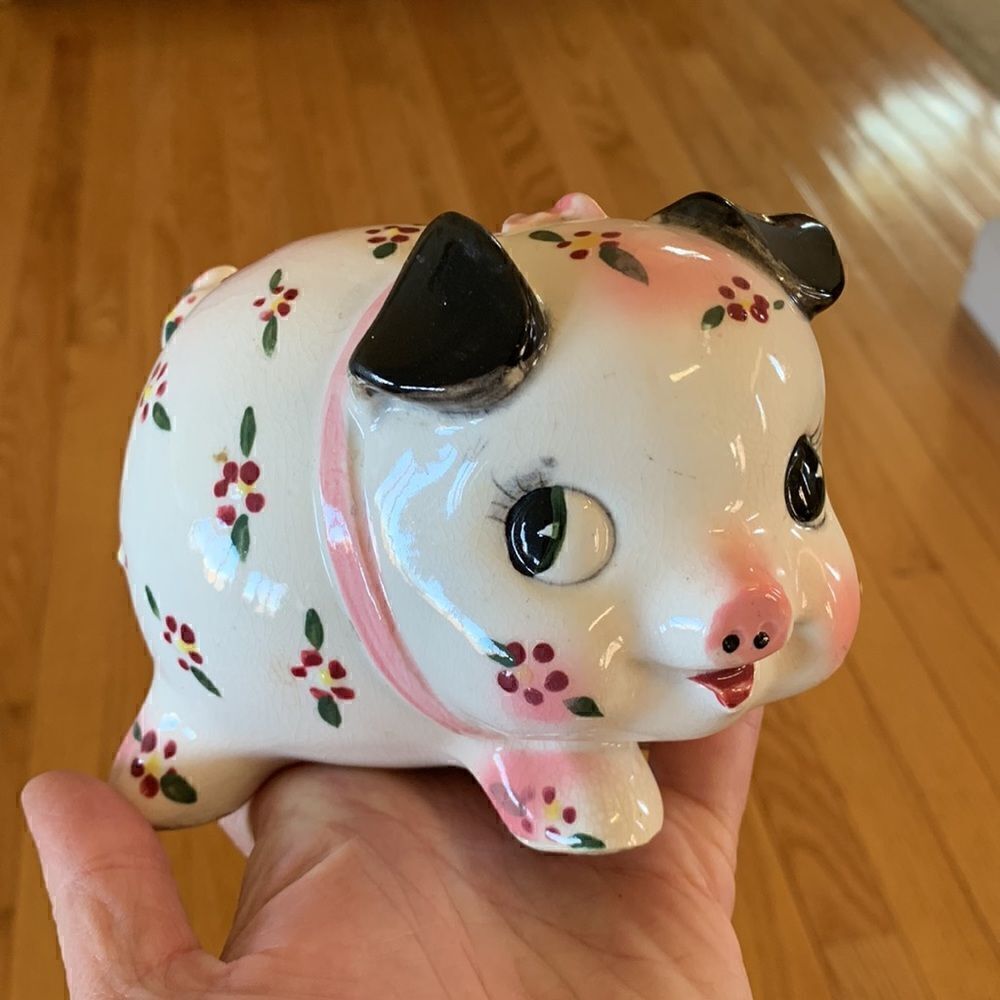 Vintage Ceramic Pink Pig FLORAL Piggy Bank Hand Painted Relco Mid Century Modern